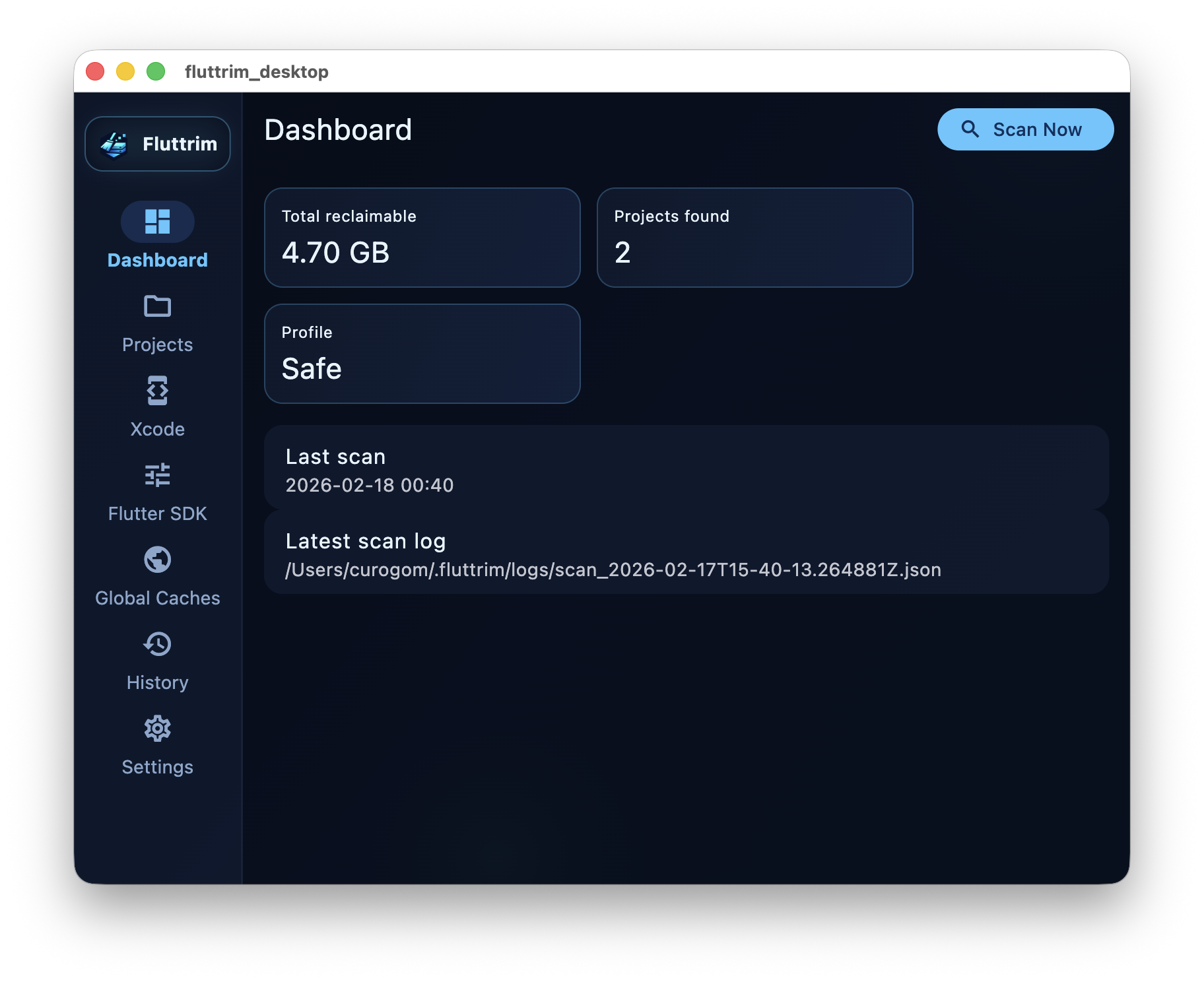 Fluttrim dashboard with navigation rail and project metrics